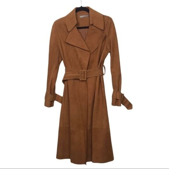 Vince Tan Suede Leather Belted Trench Coat Medium - Picture 1 of 16